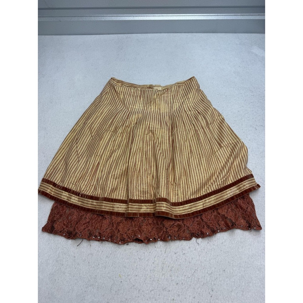 Snak Skirt Women's 8 Metallic Gold Burgundy Stripe Lace Tiered Boho Pleated
